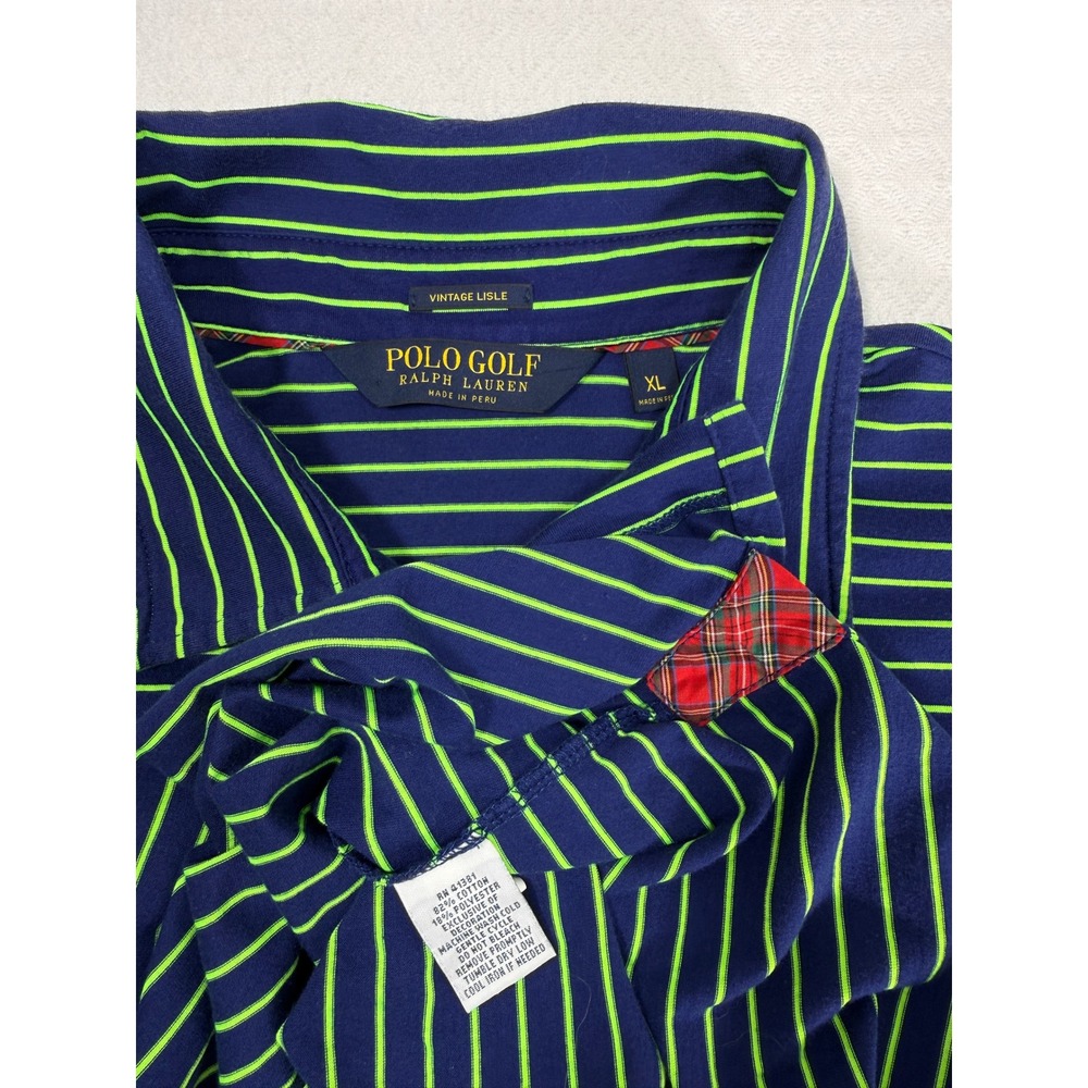 Polo Golf Ralph Lauren Mens XL Vintage Lisle Striped Polo Shirt Navy Lime Green